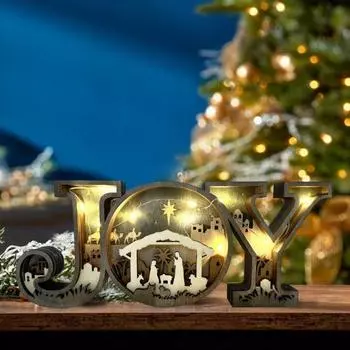 Украшение в виде рождественской сцены, деревянное украшение в виде буквы «JOY», украшение для стола, деревенский религиозный настольный каминный декор, подарок для семьи и друзей Without Light