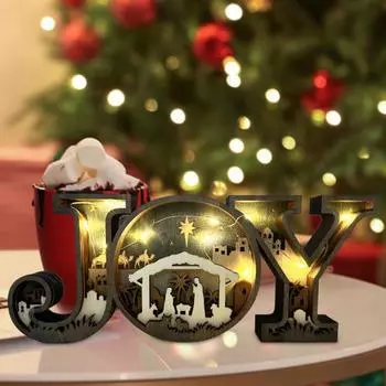 Украшение в виде рождественской сцены, деревянное украшение в виде буквы «JOY», настольное украшение в деревенском стиле, украшение для каминной полки в подарок Without Light