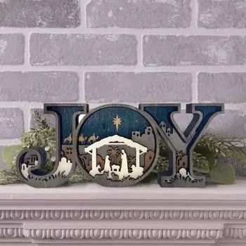Украшение в виде рождественской сцены, деревянное украшение в виде буквы «JOY», украшение для стола, деревенский религиозный настольный каминный декор, подарок для семьи и друзей Without Light