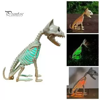 Украшение в виде скелета кошки на Хэллоуин, светодиодные светящиеся кости котенка с подвижными суставами, настольные статуэтки из смолы для вечеринки в честь Хэллоуина белый