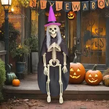 Украшение в виде скелета ведьмы на Хэллоуин, подвижная костяная статуя в полный рост, пластиковый скелет человека с черным плащом для декора газона во дворе оранжевый