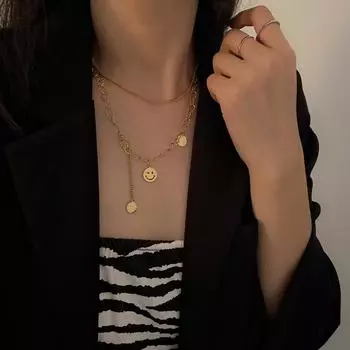 Украшение в виде смайлика, легкое роскошное нишевое ожерелье из титановой стали для девочек, цепочка на ключицу, новые невыцветающие украшения в стиле хип-хоп серебряный