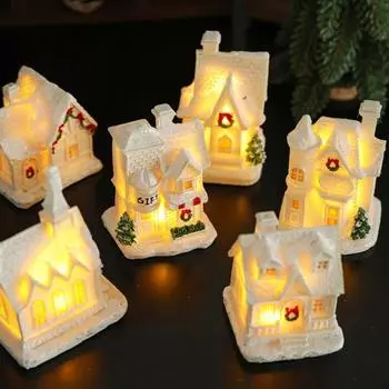 Украшение в виде снежной хижины, рождественская фигурка в виде заснеженной хижины с теплыми огнями из смолы, зима B