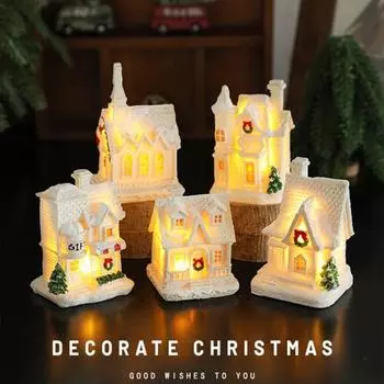 Украшение в виде снежной хижины, рождественская фигурка в виде заснеженной хижины с теплыми огнями, миниатюрные украшения в виде зимней хижины из смолы для домашнего декора