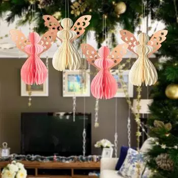 Украшение в виде сот ангела Бумажный ангел подвесное украшение со сверкающим краем 3D Сотовый ангел бежевый