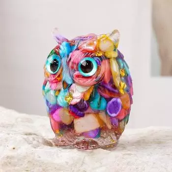Украшение в виде совы из натурального хрусталя, ручная работа, фигурка совы из смолы с кристальным гравием внутри, коллекционное красочное украшение в виде совы для домашнего декора, исцеления Рейки