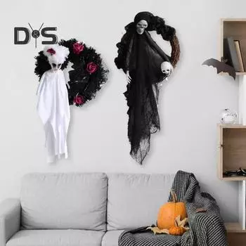 Украшение венка на Хэллоуин, черная белая гирлянда с привидениями, украшение для входной двери, настенное, оконное, крыльцо, внутренний, наружный декор белый