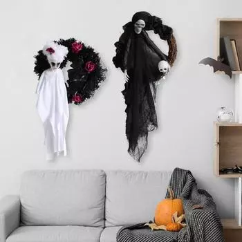 Украшение венка на Хэллоуин, черная белая гирлянда с привидениями, украшение для входной двери, настенное, оконное, крыльцо, внутренний, наружный декор белый