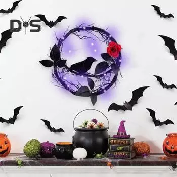 Украшение венка на Хэллоуин, светящиеся мертвые ветки, гирлянда из черной вороны с розой, блестящий декор на батарейках для домашней дверной стены чёрный