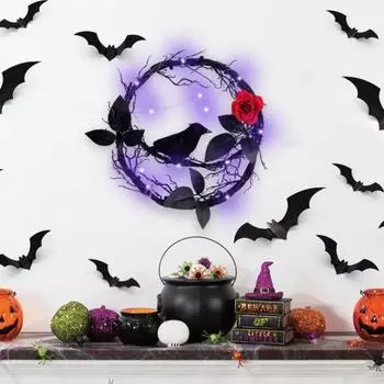 Украшение венка на Хэллоуин, светящиеся мертвые ветки, гирлянда из черной вороны с розой, блестящий декор на батарейках для домашней дверной стены чёрный