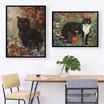 Украшение животных Картина Черный Кот в цветке Ретро Картина маслом Плакат 21cm30cm NoFrame