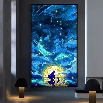 Украшение звездного неба кошка и маленькая девочка картина маслом Дельфин плакат мультяшная эстетика животных художественная настенная живопись 20cm40cm NoFrame