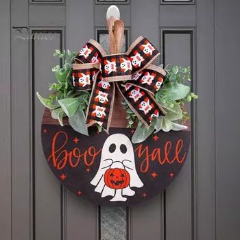 Украшения для деревянных вывесок на Хэллоуин, приветственный знак на входной двери, вешалка для привидения на Хэллоуин, венок с бантом для декора стен дома A