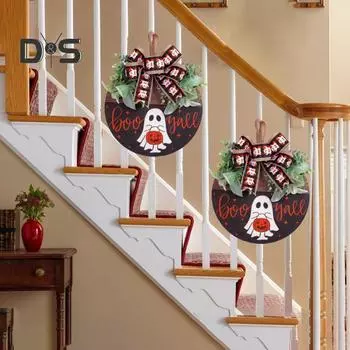 Украшения для деревянных вывесок на Хэллоуин, приветственный знак на входной двери, вешалка для привидения на Хэллоуин, венок с бантом для декора стен дома A