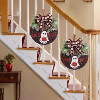 Украшения для деревянных вывесок на Хэллоуин, приветственный знак на входной двери, вешалка для привидения на Хэллоуин, венок с бантом для декора стен дома A