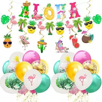Украшения для гавайской вечеринки Воздушные шары ALOHA Баннеры Пальмовые листья Украшения для торта Летние тропические товары для вечеринки в стиле фламинго Луау
