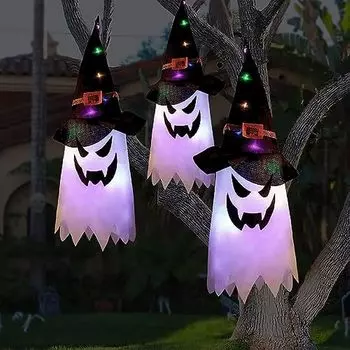 Украшения для Хэллоуина, большой размер, подвесная светящаяся шляпа ведьмы с призраком, декор с подсветкой, веревочные украшения для Хэллоуина