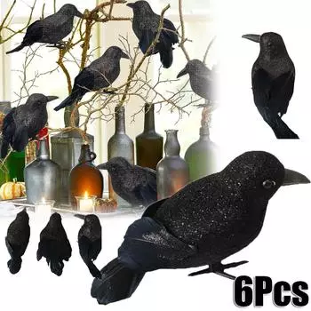 Украшения для Хэллоуина На открытом воздухе В помещении - 6 шт. Черные искусственные вороны Страшные украшения на Хэллоуин, черные птицы с блестками Пернатые вороны на Хэллоуин Ворон Декор 6Pcs