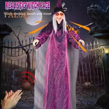 Украшения для Хэллоуина Ведьма Уличная анимированная подвесная ведьма со звуками и огнями Хэллоуин Летающая ведьма Реквизит для украшения газона в саду и дворе фиолетовый