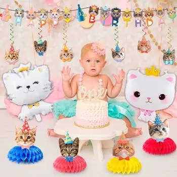 Украшения для кошачьего дня рождения, 27 шт. украшений для кошачьего дня рождения - кошачий баннер и украшения в виде завитков и т. д. Украшения для кошачьей вечеринки, товары для кошачьего дня рождения as the picture разноцветный