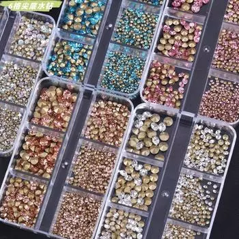 Украшения для ногтей с золотым дном, белым бриллиантом, цветной бриллиант, кончик ногтя снизу, 6 ячеек, смешанный размер, кончик ногтя снизу, бриллиант