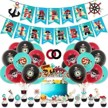 Украшения для пиратской вечеринки включают баннеры для торта, воздушные шары из латекса и алюминиевой фольги