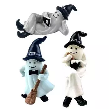 Украшения для привидения на Хэллоуин, симпатичные фигурки призраков из смолы для чтения и сидения, мини-настольные фигурки для дома A