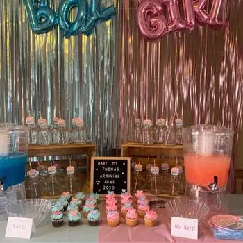 Украшения для раскрытия пола ребенка. Занавеска с бахромой. Синий, розовый. Фольгированный воздушный шар для мальчика и девочки. Товары для вечеринки по случаю раскрытия пола ребенка. Фон для фотосессии для вечеринки в честь рождения ребенка.