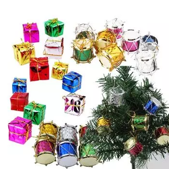Украшения для рождественской елки, красочные блестящие мини-барабаны, цветные коробки из фольги, подарочные коробки ручной работы, подвесные украшения, подвески, новогодние подарки