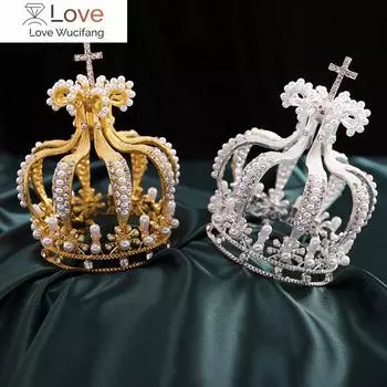 Украшения для свадьбы в стиле барокко со стразами и жемчугом, крест-корона для праздничного торта, цветы, тиары, украшения на день рождения, диадема, украшения