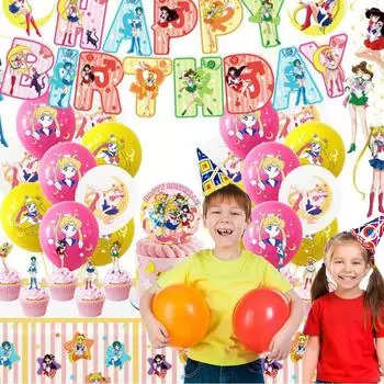 Украшения для вечеринки по случаю дня рождения в стиле Сейлор Мун с баннером, воздушным шаром, топпером для торта
