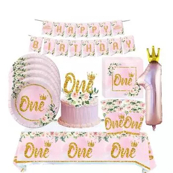Украшения для вечеринки в честь Дня Рождения One First, розовая цветочная корона, одноразовая посуда, принадлежности для детского душа, товары для дня рождения 1 года 1 set banner