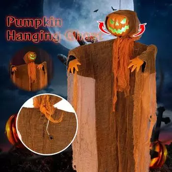 Украшения для вечеринки в честь Хэллоуина с тыквой, подвесная голова, зеленый свет, вращающаяся голова, тыква, излучающая свет, звук, подвесные реквизиты для двора