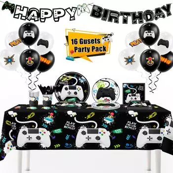 Украшения для вечеринки в стиле видеоигр для мальчиков, 140 шт. украшений на день рождения геймера и набор столовых приборов для вечеринки - тарелки для вечеринки, скатерти, воздушные шары, баннеры и т. д. Товары для вечеринки as the picture чёрный/белый