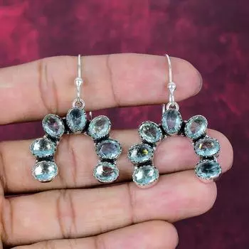 Украшения из акваапатита, Драгоценный камень Ручной работы Ювелирные изделия из стерлингового серебра 925 пробы Серьги, Подарок «Любовь навсегда» 1.85 Inches