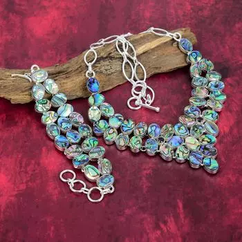 Украшения из ракушек Abalone, украшения ручной работы из цельного серебра 925 пробы, прекрасный комплект украшений из браслета и ожерелья для женщин Adjustable With 8 -18 синий