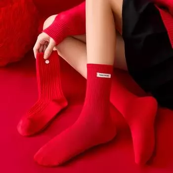 Украшения из ткани Label, Ярко-красные новогодние носки Natal Year, пряжа Women s Idea, английская ракушка, однотонные женские средние хлопковые носки One Size