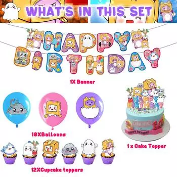 Украшения на день рождения Lankybox включают баннер, воздушные шары и топперы для торта