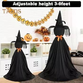 Украшения на Хэллоуин, наружное и внутреннее жуткое черное привидение в шляпе ведьмы, стоящее светящееся привидение со светящейся гирляндой для крыльца, двора, сада, дома 1pc чёрный