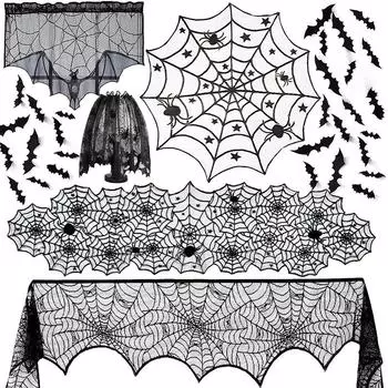 Украшения на Хэллоуин Скатерть Черный Кружевной Круглый Паук Паутина Покрытие Стола Шарф Камин Камин Шарф Паутина