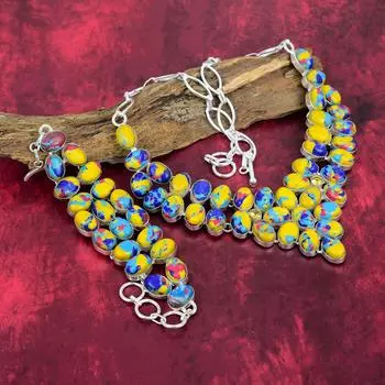 Украшения ручной работы из драгоценных камней мозаичной яшмы, украшения из цельного серебра 925 пробы, регулируемое ожерелье-цепочка и комплект украшений из браслета для нее Adjustable With 8 -18 жёлтый