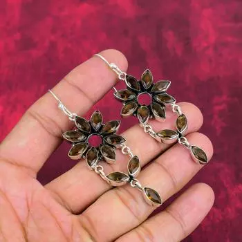 Украшения ручной работы из дымчатого топаза, 925 пробы цельного серебра, красивые серьги с драгоценными камнями для женщин 3.03 Inches коричневый