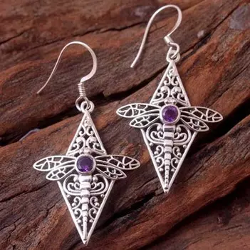 Украшения с животными Подарок на женский день, Серебряные украшения Серьги ручной работы Стрекоза Украшения фиолетовый