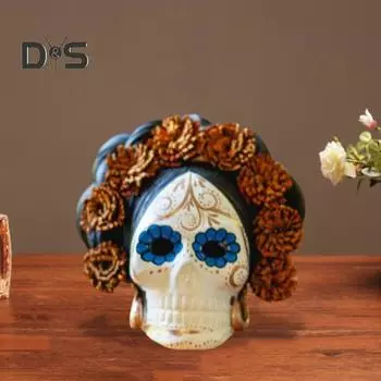 Украшения в виде черепа ведьмы, статуэтка в виде черепа ко Дню мертвых, разноцветная узорчатая статуэтка в виде женского черепа в мексиканском стиле для украшения дома синий