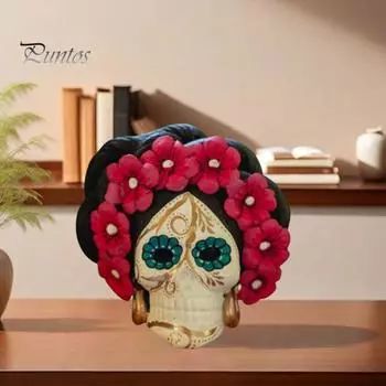 Украшения в виде черепа ведьмы, статуэтка в виде черепа ко Дню мертвых, разноцветная узорчатая статуэтка в виде женского черепа в мексиканском стиле для украшения дома синий