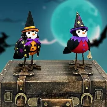 Украшения в виде птиц на Хэллоуин, стоящая кукла-птица в шляпе ведьмы, плюшевые настольные украшения в виде птиц для украшения полки, камина, подарок на Хэллоуин A