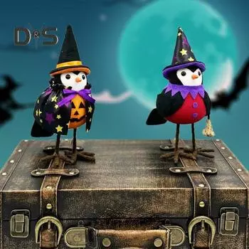 Украшения в виде птиц на Хэллоуин, стоящая кукла-птица в шляпе ведьмы, плюшевые настольные украшения в виде птиц для украшения полки, камина, подарок на Хэллоуин A