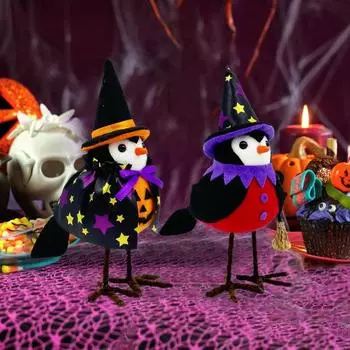 Украшения в виде птиц на Хэллоуин, стоящая кукла-птица с ведьминой шляпой, плюшевая настольная птица B