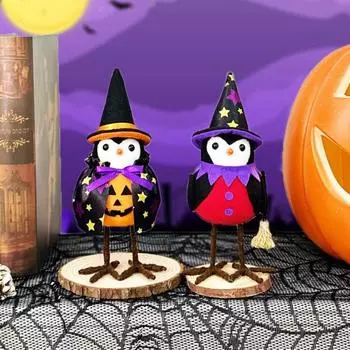 Украшения в виде птиц на Хэллоуин, стоящая кукла-птица в шляпе ведьмы, плюшевые настольные украшения в виде птиц A
