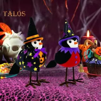 Украшения в виде птиц на Хэллоуин, стоящая кукла-птица в шляпе ведьмы, плюшевые настольные украшения в виде птиц для украшения полки, камина, подарок на Хэллоуин A